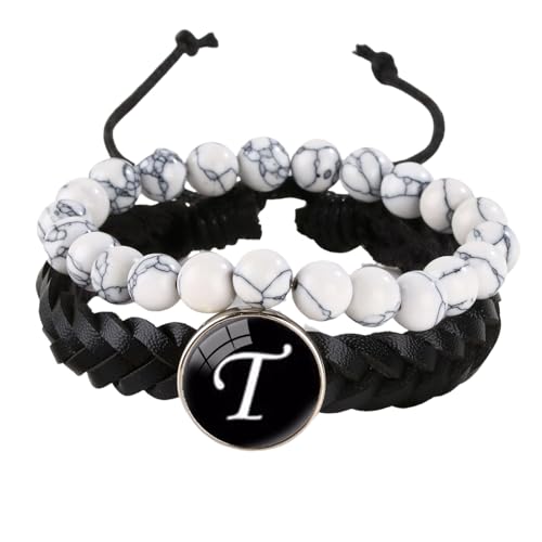 LIUYUYOUGO Edelstein Armband 2 Stück Herren Lederarmband Mit Initialen Naturstein Weiß Türkis Perlenarmbänder Damenbuchstaben Az Charm Armreif Doppellagig Geflochten Manschette Armband Schmuck B von LIUYUYOUGO
