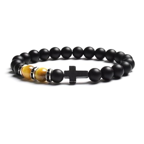 LIUYUYOUGO Edelstein Armband Armband Aus Natürlichem Tigerauge Steinperlen Für Damen Und Herren Schwarzer Achat Mattiertes Kreuz Rosenkranz Meditations Und Gebetsarmbänder Modisches Yoga Kristall von LIUYUYOUGO