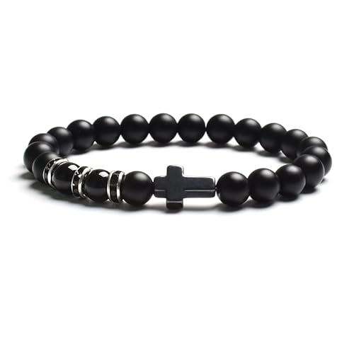 LIUYUYOUGO Edelstein Armband Armband Aus Natürlichem Tigerauge Steinperlen Für Damen Und Herren Schwarzer Achat Mattiertes Kreuz Rosenkranz Meditations Und Gebetsarmbänder Modisches Yoga Kristall von LIUYUYOUGO