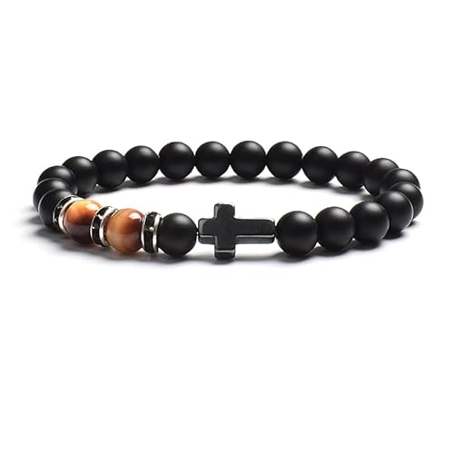LIUYUYOUGO Edelstein Armband Armband Aus Natürlichem Tigerauge Steinperlen Für Damen Und Herren Schwarzer Achat Mattiertes Kreuz Rosenkranz Meditations Und Gebetsarmbänder Modisches Yoga Kristall von LIUYUYOUGO