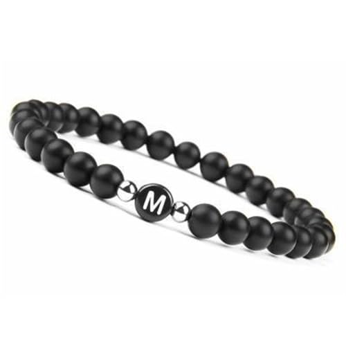 LIUYUYOUGO Edelstein Armband Armband Mit Buchstaben Für Paare Buchstabe A Z Handgefertigt Natürlicher Edelstein Perlenarmband Mit Initialen 8 Mm Schwarzer Mattierter Onyx Dehnbarer Kristallarmreif von LIUYUYOUGO