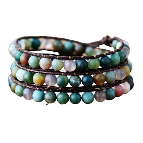LIUYUYOUGO Edelstein Armband Böhmische Perlenarmbänder Für Frauen 6 Mm Matt Naturstein Leder Geschichtet 3 Stränge Wickelarmband Vintage Kristallperlen Edelstein Armreif Freundschaftsschmuck Fü von LIUYUYOUGO