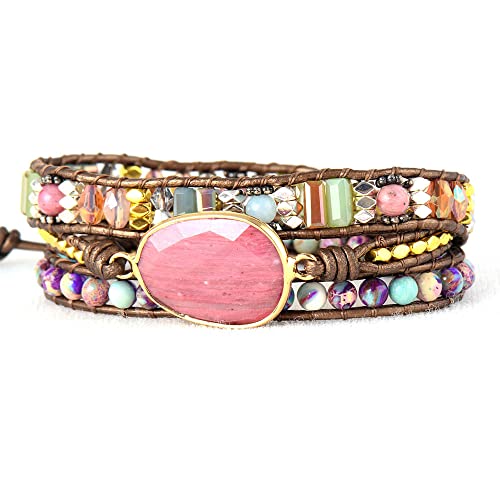 LIUYUYOUGO Edelstein Armband Boho Naturstein Armband Für Damen Herren Handgefertigt Mehrschichtiges Leder Wickelarmband Rosa Rhodonit Kristall Perlen Armbänder Vintage Ethno Schliff Edelsteine ​ von LIUYUYOUGO