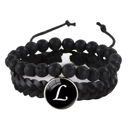 LIUYUYOUGO Edelstein Armband Herren Lederarmband Mit Initialen 2 Stück Naturstein Schwarze Lavakristall Perlenarmbänder Damenbuchstaben Az Charm Armreif Doppellagig Geflochtene Manschette Armband von LIUYUYOUGO