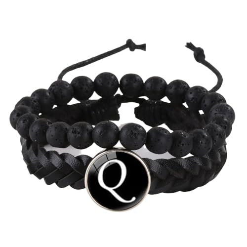 LIUYUYOUGO Edelstein Armband Herren Lederarmband Mit Initialen 2 Stück Naturstein Schwarze Lavakristall Perlenarmbänder Damenbuchstaben Az Charm Armreif Doppellagig Geflochtene Manschette Armband von LIUYUYOUGO