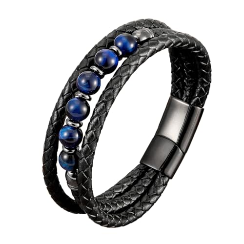 LIUYUYOUGO Edelstein Armband Herren Perlen Lederarmband 8 Mm Tigerauge Lavastein Kristall Armbänder Mehrlagig Schwarz Geflochtenes Armband Schutzschmuck Geschenke Für Freund Ehemann Geburtstag Bla von LIUYUYOUGO