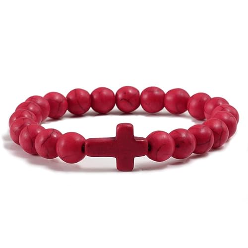 LIUYUYOUGO Edelstein Armband Kristallkreuz Armband Für Damen Und Herren 8 Mm Naturstein Türkis Kreuz Charme Dehnbare Perlenarmbänder Rosenkranz Meditation Gebet Yoga Edelsteinschmuck Geschenk Rot von LIUYUYOUGO