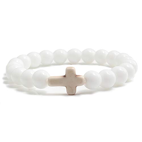 LIUYUYOUGO Edelstein Armband Kristallkreuz Armband Für Damen Und Herren 8 Mm Naturstein Türkisfarbener Kreuzanhänger Dehnbare Perlenarmbänder Rosenkranz Meditation Gebet Yoga Edelsteinschmuck Ge von LIUYUYOUGO