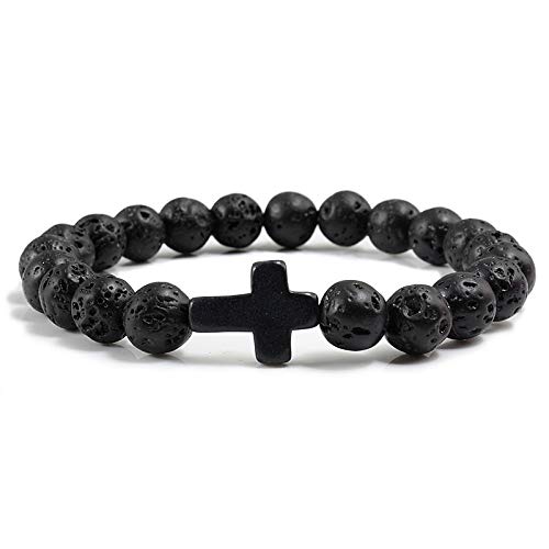 LIUYUYOUGO Edelstein Armband Kristallkreuz Armband Für Damen Und Herren 8 Mm Naturstein Türkisfarbener Kreuzanhänger Dehnbare Perlenarmbänder Rosenkranz Meditation Gebet Yoga Edelsteinschmuck Ge von LIUYUYOUGO