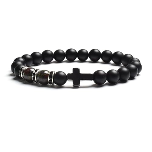 LIUYUYOUGO Edelstein Armband Natürliches Tigerauge Steinperlenarmband Für Frauen Und Männer Schwarzer Achat Mattiertes Kreuz Rosenkranz Meditations Gebetsarmbänder Modischer Yoga Kristall Edelst von LIUYUYOUGO