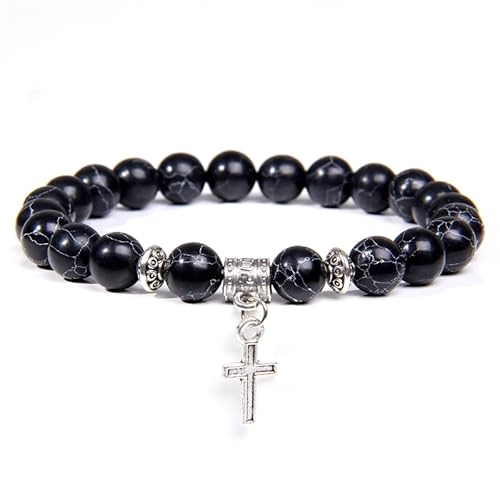 LIUYUYOUGO Edelstein Armband Naturstein Kreuz Armband Für Männer Vintage Boho Silberfarben Anhänger Perlenarmbänder Ethnischer Stil Yoga Edelstein Armreif Meditation Gebet Schmuck Geschenk Turma von LIUYUYOUGO