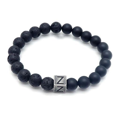 LIUYUYOUGO Edelstein Armband Naturstein Schwarzer Lava Achat Kristall Perlenarmband Buchstaben Az 8Mm Stretch Perlen Initialen Armbänder Distressed Square Charm Armreif Punk Antik Schmuck Für Män von LIUYUYOUGO
