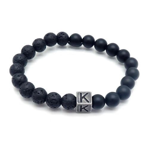LIUYUYOUGO Edelstein Armband Naturstein Schwarzer Lava Achat Kristall Perlenarmband Buchstaben Az 8Mm Stretch Perlen Initialen Armbänder Distressed Square Charm Armreif Punk Antik Schmuck Für Män von LIUYUYOUGO