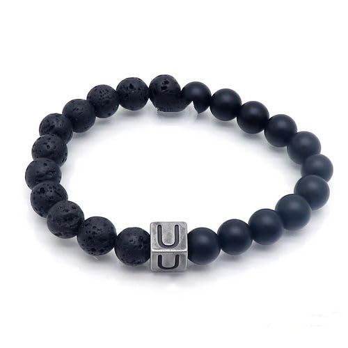 LIUYUYOUGO Edelstein Armband Naturstein Schwarzer Lava Achat Kristall Perlenarmband Buchstaben Az 8Mm Stretch Perlen Initialen Armbänder Distressed Square Charm Armreif Punk Antik Schmuck Für Män von LIUYUYOUGO