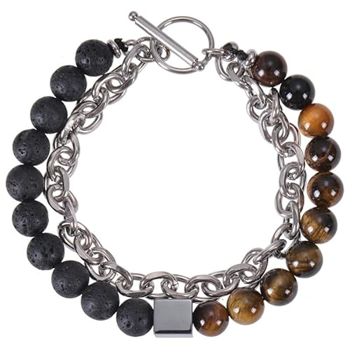LIUYUYOUGO Edelstein Armband Perlenarmbänder Für Männer Doppellagige Kette Edelstein Kristall Armband Naturstein Turmalin Quadratischer Charm Stapelbarer Armreif Punk Statement Schmuck Geschenke von LIUYUYOUGO