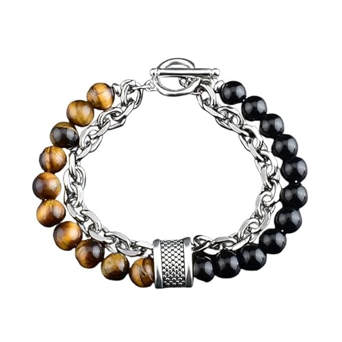 LIUYUYOUGO Edelstein Armband Perlenarmbänder Für Männer Natürlicher Schwarzer Obsidian Edelstein Kristall Armband Graviert Hip Hop Punk Doppellagige Kette Stapelbarer Armreif Statement Schmuck G von LIUYUYOUGO