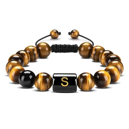 LIUYUYOUGO Edelstein Armband Perlenarmbänder Mit Initialen Für Damen Und Herren Buchstaben Paar Perlenarmband 10 Mm Naturstein Tigerauge Obsidian Kristall Handgefertigt Geflochtener Armreif Modesc von LIUYUYOUGO