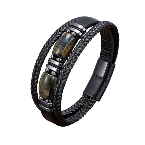 LIUYUYOUGO Edelstein Armband Tigerauge Lederarmband Für Herren Retro Punk Mehrlagig Gewebte Seilarmbänder Natürlicher Edelstein Kristallstein Armreif Handgefertigt Schutzschmuck Geschenk Grün von LIUYUYOUGO