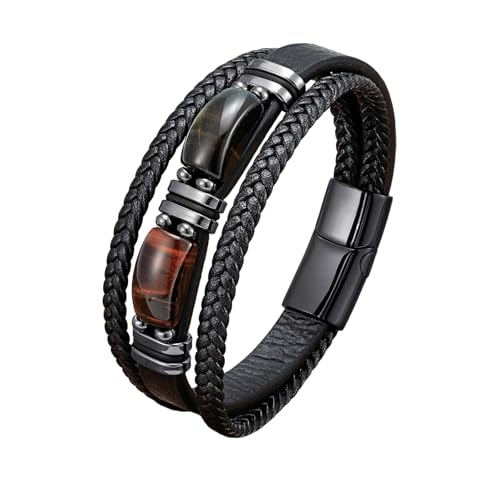 LIUYUYOUGO Edelstein Armband Tigerauge Lederarmband Für Herren Retro Punk Mehrschichtiges Webseilarmband Natürlicher Edelstein Kristallstein Armreif Handgefertigter Schutzschmuck Geschenk Rot Grü von LIUYUYOUGO