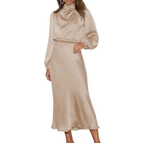 LIUYUYOUGO Elegante Kleider, Abendkleid Mit Langen Ärmeln Für Damen Satinkleid Einfarbig Elastische Taille Midikleid Elegant Rollkragen Rüschen Partykleid Cocktailkleid Hochzeitsgast Herbst/Wint von LIUYUYOUGO