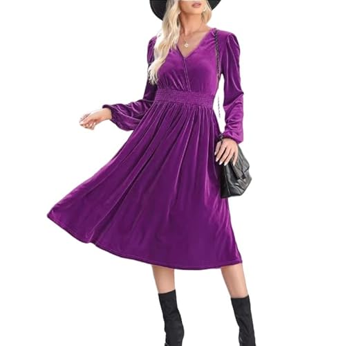 LIUYUYOUGO Elegante Kleider, Damen Samtkleid Langarm Elegantes Abendkleid V Ausschnitt Gesmokt Taille Midikleider Vintage A Linie Fließendes Swing Kleid Cocktailpartykleider Für Herbst Winter Lila von LIUYUYOUGO