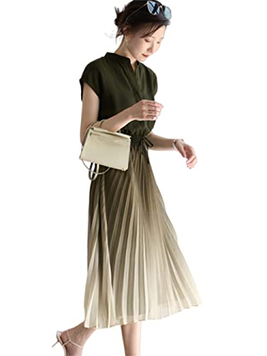 LIUYUYOUGO Elegante Kleider,Elegantes Chiffonkleid Für Damen Vintage Maxikleider Lässig Locker Stehkragen Swingkleider Abend Sexy Strand Party Büro Plisseekleid Für Mädchen Damen, Grün, XXL von LIUYUYOUGO