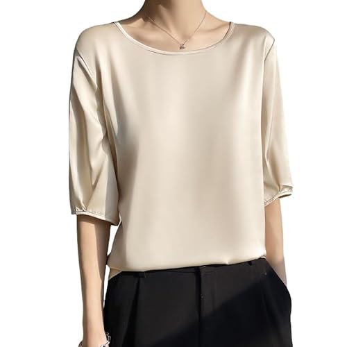 LIUYUYOUGO Elegante Oberteile Damen Sommerblusen Für Damen Halbarm Satin Oberteil Elegantes Locker Sitzendes T Shirt Mit Rundhalsausschnitt Formeller Business Pullover Tunika Lässiges Büro Arbeit von LIUYUYOUGO