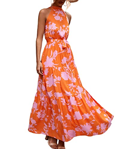LIUYUYOUGO Freizeitkleider Für Damen,Maxikleider Für Damen Wunderschön Abgestuft Orange Großer Blumendruck Neckholder Hohe Taille Schnürung Strandkleider Boho-Sommer A-Linie Swing Fließendes von LIUYUYOUGO