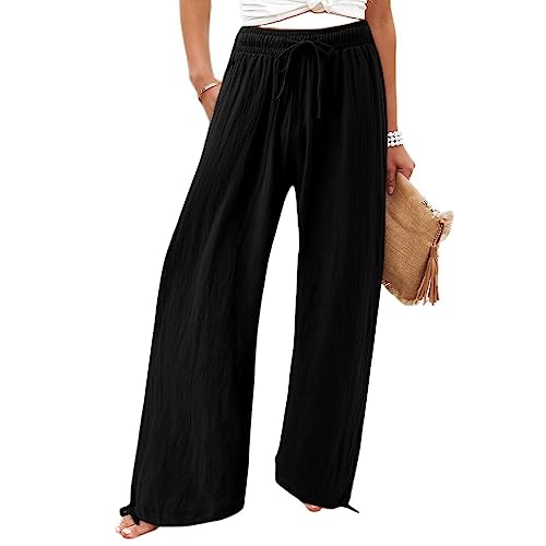 LIUYUYOUGO Hosen Damen, Damen-Hose Aus Baumwolle Mit Weitem Bein Modisch Einfarbig Kordelzug Elastan Hohe Taille Palazzo-Hose Sommer Lässig Lockere Hose Mit Geradem Bein Boho-Strandhose Oceanside-H von LIUYUYOUGO