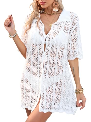 LIUYUYOUGO Kimono Damen,Damen Badeanzug Überwurf Gehäkelt Blätter Ausgehöhlt Kimono Strickjacken Sommer Strickjacke Mit V Ausschnitt Vorne Offen Knöpfe Blusen Oberteile Bikini Überzüge Für D von LIUYUYOUGO