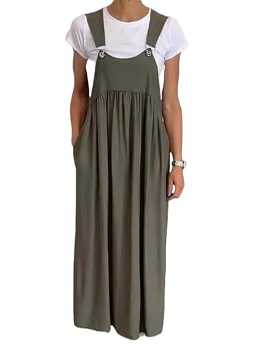 LIUYUYOUGO Kleider Damen Sommer Damen Latzkleider Übergröße Ärmelloses Leinen Sommerkleid Breite Träger Latzhose Langer Rock Lässig Locker A Linie Swing Kaftan Boho Gerüschtes Maxikleid Armee von LIUYUYOUGO
