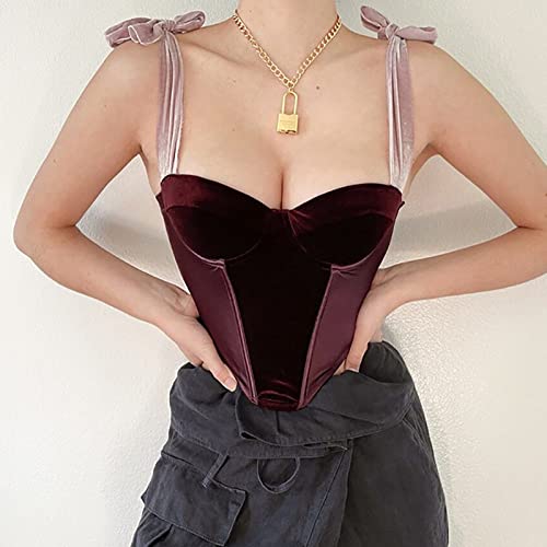 LIUYUYOUGO Korsagen Für Damen,Damen Sexy Korsetts Vintage Elegant Einfarbig Burgunderrot Samt Sommer Slim Bow Straps Bustier Korsett Top Push Up Crop Tops BH Camis Rückenfreie Weste Für Clubwear von LIUYUYOUGO