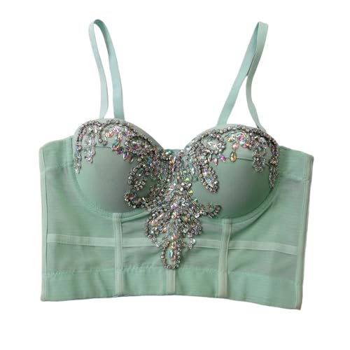 LIUYUYOUGO Korsagen Für Damen,Frauen Sexy Korsetts Elegantes Grün Glitzernde Zirkon Pailletten Blumen Sommer Schlanke Spaghettiträger Bustier Korsett Top Push Up Crop Tops BH Camis Rückenfreie W von LIUYUYOUGO