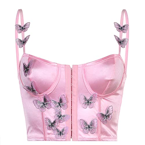 LIUYUYOUGO Korsagen Für Damen,Frauen Sexy Korsetts Mode Rosa Schmetterling Stickerei Sommer Dünne Spaghettiträger Bustier Korsett Top Push Up Crop Tops BH Camis Rückenfreie Weste Für Clubwear P von LIUYUYOUGO