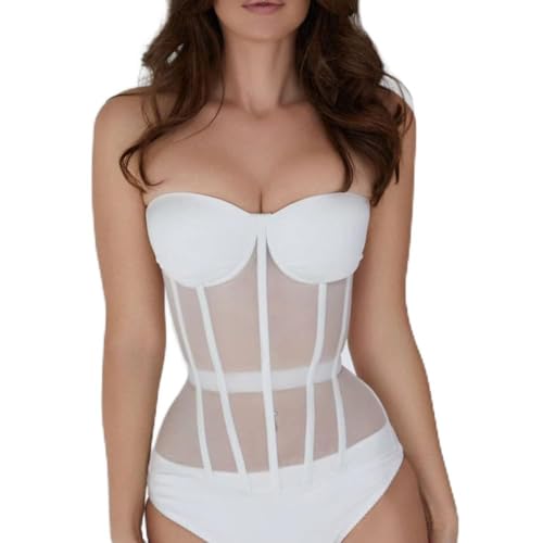 LIUYUYOUGO Korsett Damen,Korsetts Für Frauen Sexy Schlichte Weiße Perspektive Mesh Bustier Korsett Tops Ärmellos Lace Up Ohne Knochen Vollbrust Push Up Korsett Shapewear Party Clubwear Mieder,Xs von LIUYUYOUGO