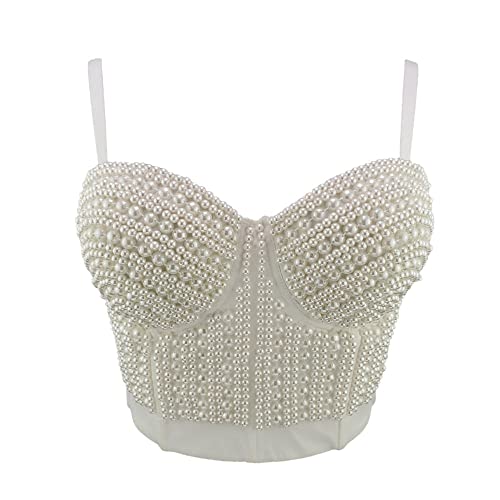 LIUYUYOUGO Korsett Damen Sexy,Frauen Sexy Korsetts Steampunk Handgemachte Weiße Perle Perlen Sommer Schlanke Spaghettiträger Bustier Korsett Top Push Up Crop Tops BH Camis Rücken Body Shaper West von LIUYUYOUGO