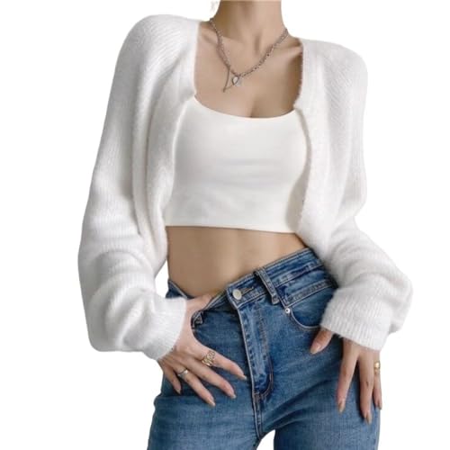 LIUYUYOUGO Kurzer Bolero Cardigan Für Damen Flauschige Fleece Strick Cardigans Vorne Offen Damen Pullover Mantel Herbst Und Winter Elegant Weiche Strickwaren Pullover Shrug Cardigan Tops Weiß Einh von LIROMA