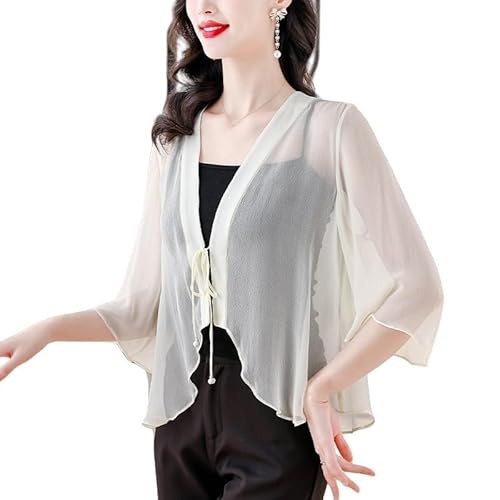 LIUYUYOUGO Leichte Strickjacke Damen Sommer Damen Kimono Cardigan Aus Echter Seide Mit Krawatte Vorne Schal Transparentes Shrug Top Elegant Fließend Rüschen Wasserfall Cardigans 3/4 Ärmel Bluseno von LIUYUYOUGO