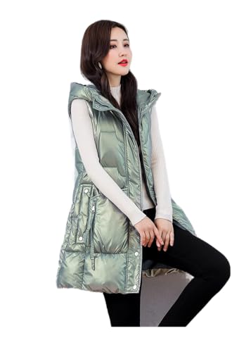 LIUYUYOUGO Longweste Damen,Lange Steppweste Damen Lange Weste Mit Kapuze, Lange Weste Glänzend Trendy Ärmellose Elegante Weste Lässige Weste Wattierter Wintermantel Für Damen Mädchen Outdoor-B von LIUYUYOUGO