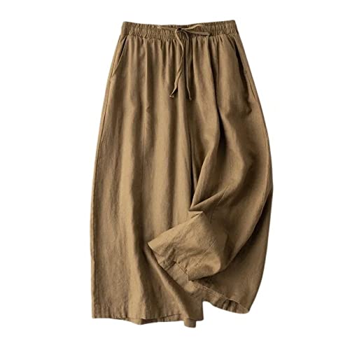 LIUYUYOUGO Palazzo Hose Damen, Culottes Hose Weite Beine Hosenrock Fester Kordelzug Elastisch Hohe Taille Baumwolle Leinen Cropped Hose Elegante Palazzohose Sommer Locker Bequeme Schlaghose,Braun,L von LIUYUYOUGO