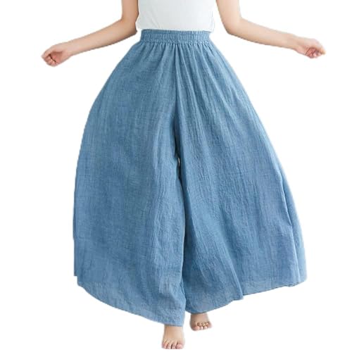 LIUYUYOUGO Palazzo Hose Damen, Culottes Hose Weites Bein Hosenrock Festes Baumwollleinen Palazzohose Mit Hoher Taille Elegant Fließende Palazzohose Boho Leichte Luftige Sommerhose Schlaghose,Blau,E von LIUYUYOUGO