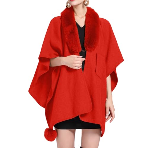 LIUYUYOUGO Pashminas Für Damen,Damen Winter Kunstpelz Schal Stola Warm Wickel Cape Shrug Mit Pelzkragen Strickponcho Elegante Offene Vorderseite Strickjacke Winter Wollmantel Ruana Umhang Rot von LIUYUYOUGO
