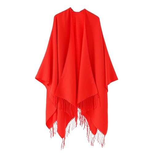 LIUYUYOUGO Poncho Damen,Damen Poncho Wendbar Übergroß Weich Warm Gestrickt Cape Wickeldecke Mit Quaste Einfarbig Vorne Offen Strickjacke Schal Mantel Herbst Winter Strickjacke Pullover Umhang Rot von LIUYUYOUGO