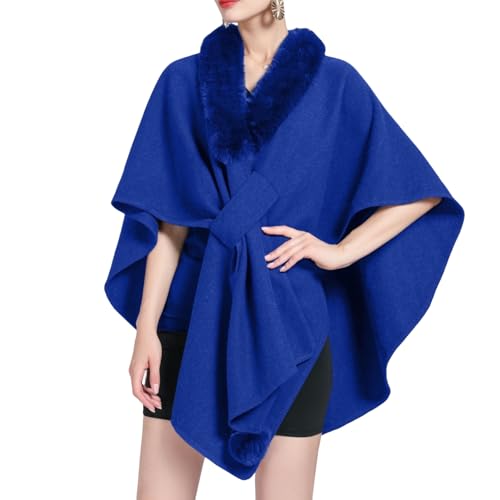 LIUYUYOUGO Poncho Damen,Damen Winter Kunstpelz Schal Stola Warm Wickel Cape Shrug Mit Pelzkragen Strickponcho Elegante Offene Vorderseite Strickjacke Winter Wollmantel Ruana Umhang Königsblau von LIUYUYOUGO