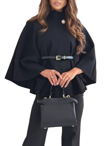 LIUYUYOUGO Poncho Damen Eleganter Damen Poncho Aus Wollmischung Kurzer Umhang Modischer Stehkragen Schal Umhang Mit 3/4 Fledermausärmeln Winter Peacoat Aus Wolle Trenchcoat Oberbekleidung Mit Gürt von LIUYUYOUGO