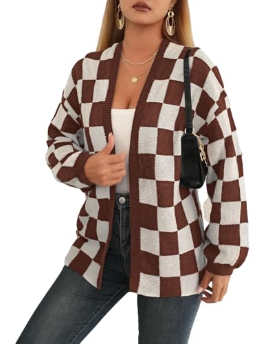LIUYUYOUGO Pullover & Strickjacken Für Damen,Übergroße Strickjacke Für Damen Vorne Offen Kontrastierendes Schachbrettmuster Strickpullover Mantel Lässig Locker Langarm Strickjacken Pullover Pre von LIUYUYOUGO