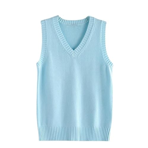 LIUYUYOUGO Pullunder Damen,Damen Strickpullover Weste Lässig Einfarbig Rippstrick V-Ausschnitt Herbst Winter Lose Warme Ärmellose Pullover Gilets Pullover Stricken Tank Top Cami Weste Bluse,Himmel von LIUYUYOUGO