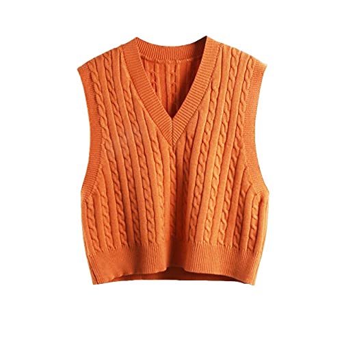 LIUYUYOUGO Pullunder Damen Ärmellos,Damen Strickpullover Weste Klassisch Einfarbig Kurz Dick Zopfstrick V-Ausschnitt Herbst Winter Warm Ärmellos Pullover Gilets Stricken Tank Top Cami Bluse,Or, Or von LIUYUYOUGO
