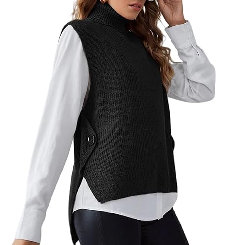 LIUYUYOUGO Pullunder Damen Ärmellos,Damen Strickpullover Weste Mode Einfarbig Unregelmäßige Knöpfe Rippstrick Rollkragen Herbst Winter Lose Ärmellose Pullover Gilets Pullover Stricken Tank Top von LIUYUYOUGO