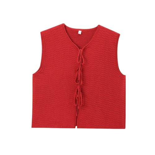 LIUYUYOUGO Pullunder Damen Ärmellos Damen Weste Zum Binden Vorne Ärmellos V Ausschnitt Strickjacke Y2K Häkel Strick Crop Top Einfarbig Lässig Lockerer Pullover Tanktops Streetwear Rot M von LIUYUYOUGO